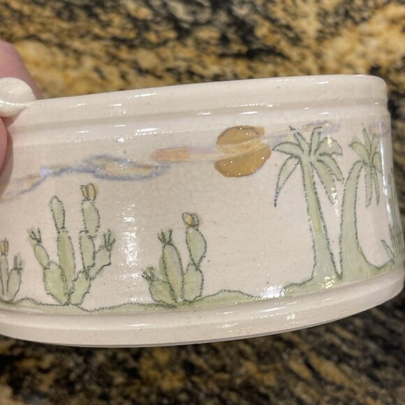 Vtg Handcrafted Lynn Gray Signed Art Pottery Desert Cactus Bowl Rim Pinch Deco - Picture 10 of 16